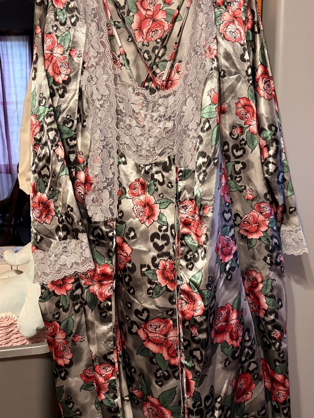 Satin Peignoir Set 2pc Gown & Robe Rose Leopard Print Amoureuse “The Luxe Satin”